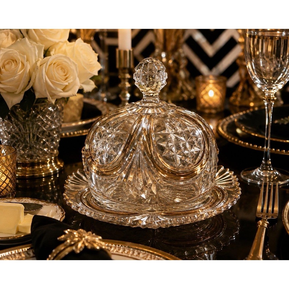 Vintage/antq Pressed Glass Covered Butter Dish Gold Trim Starburst Scalloped 7"